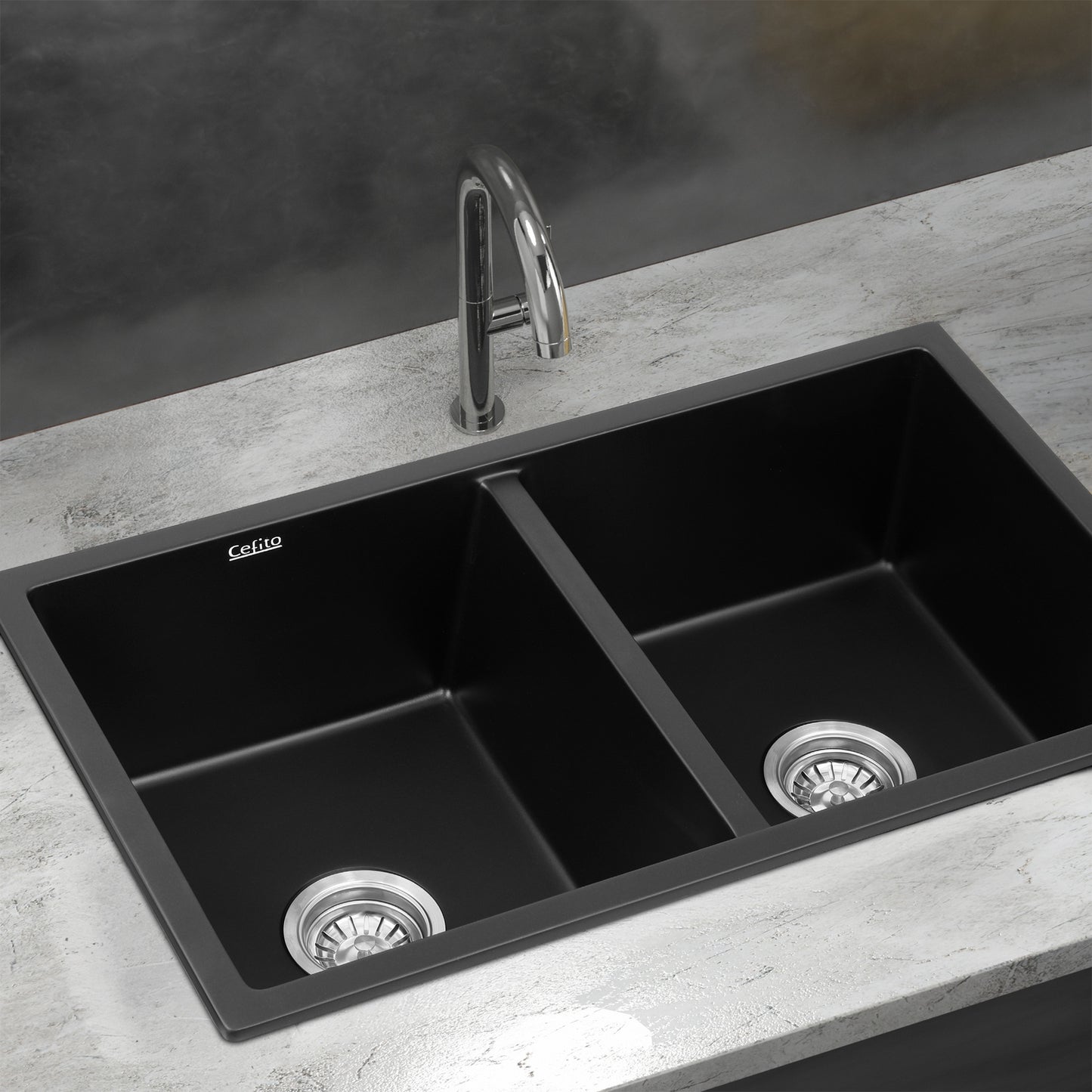 Cefito Kitchen Sink 77x45cm Granite Stone Sink Double Bowl Black