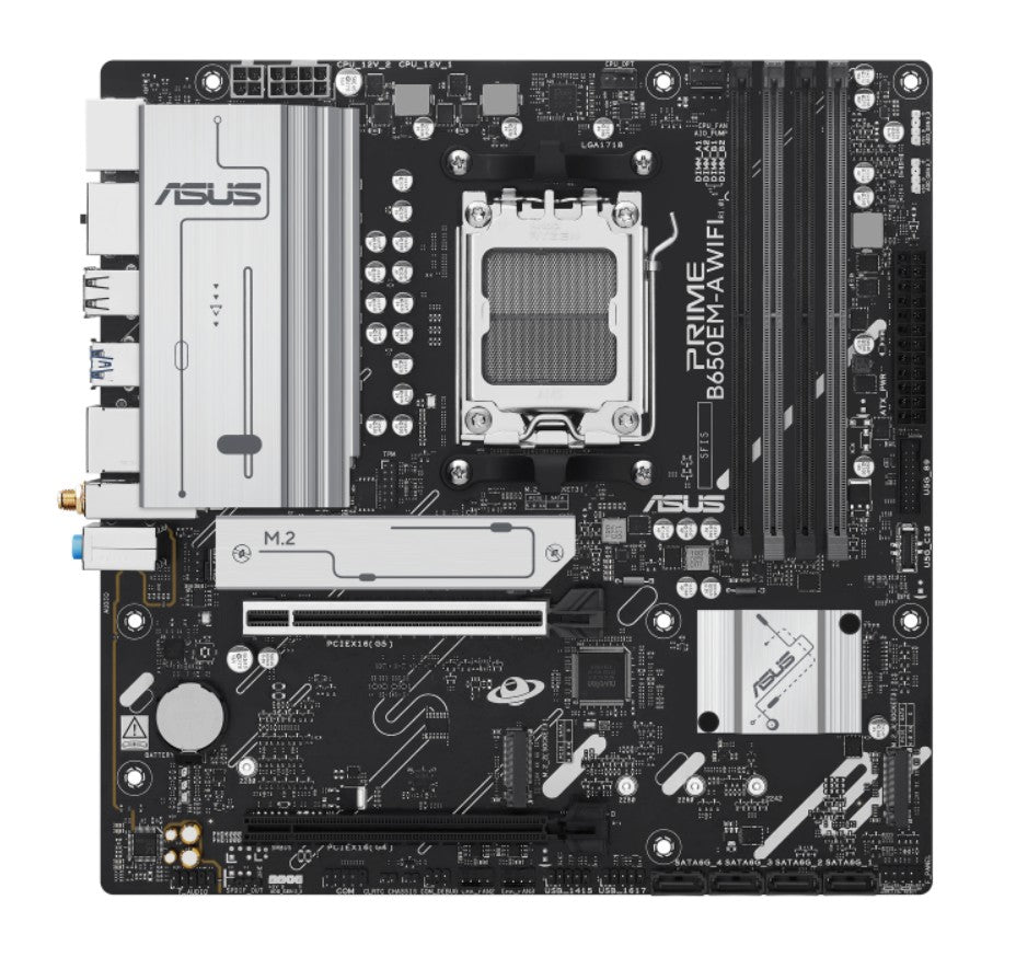 ASUS AMD B650EM PRIME B650EM-A WIFI (AM5) Micro-ATX Motherboard 4x DDR5 256GB, 1x PCIe 4.0 x16 slot, 3 x M.2 slots, 4 x SATA, Wi-Fi 6