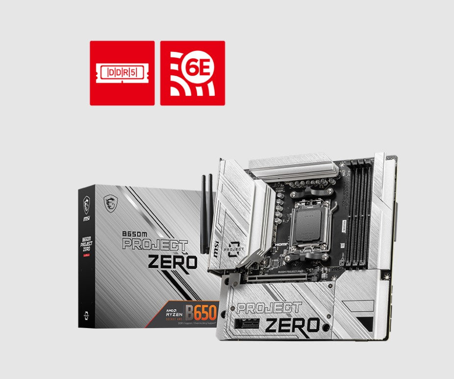 MSI B650M PROJECT ZERO Motherboard, AMD B650, 4x DDR5 128GB, 1x HDMI, 2x M.2, USB 3.2 Type A x9