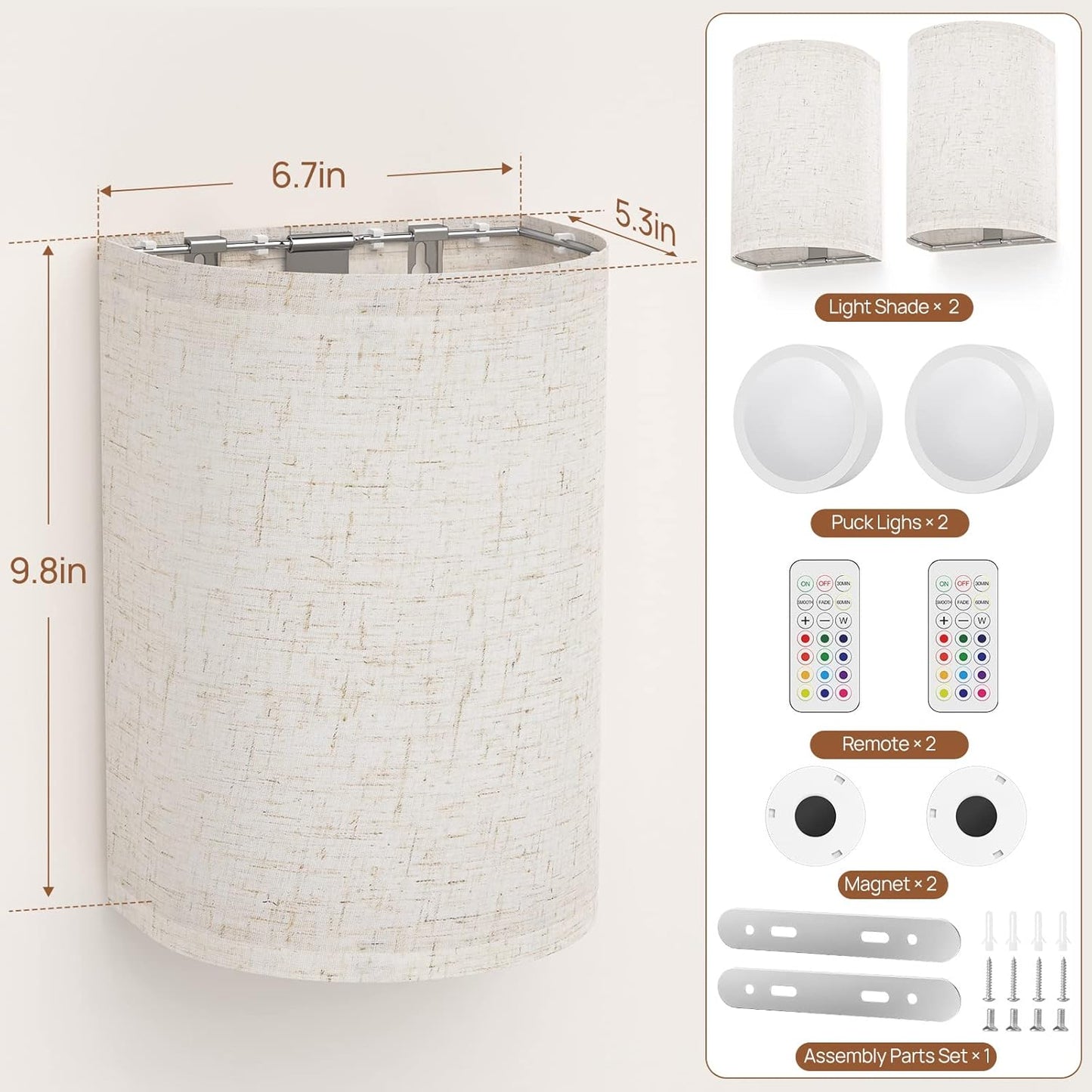 Battery Operated Wall Lights, 2 Pack Boho Decor with Remote Control, RGB Color Rustic Wall Sconces, Fabric Linen Shade Lighting