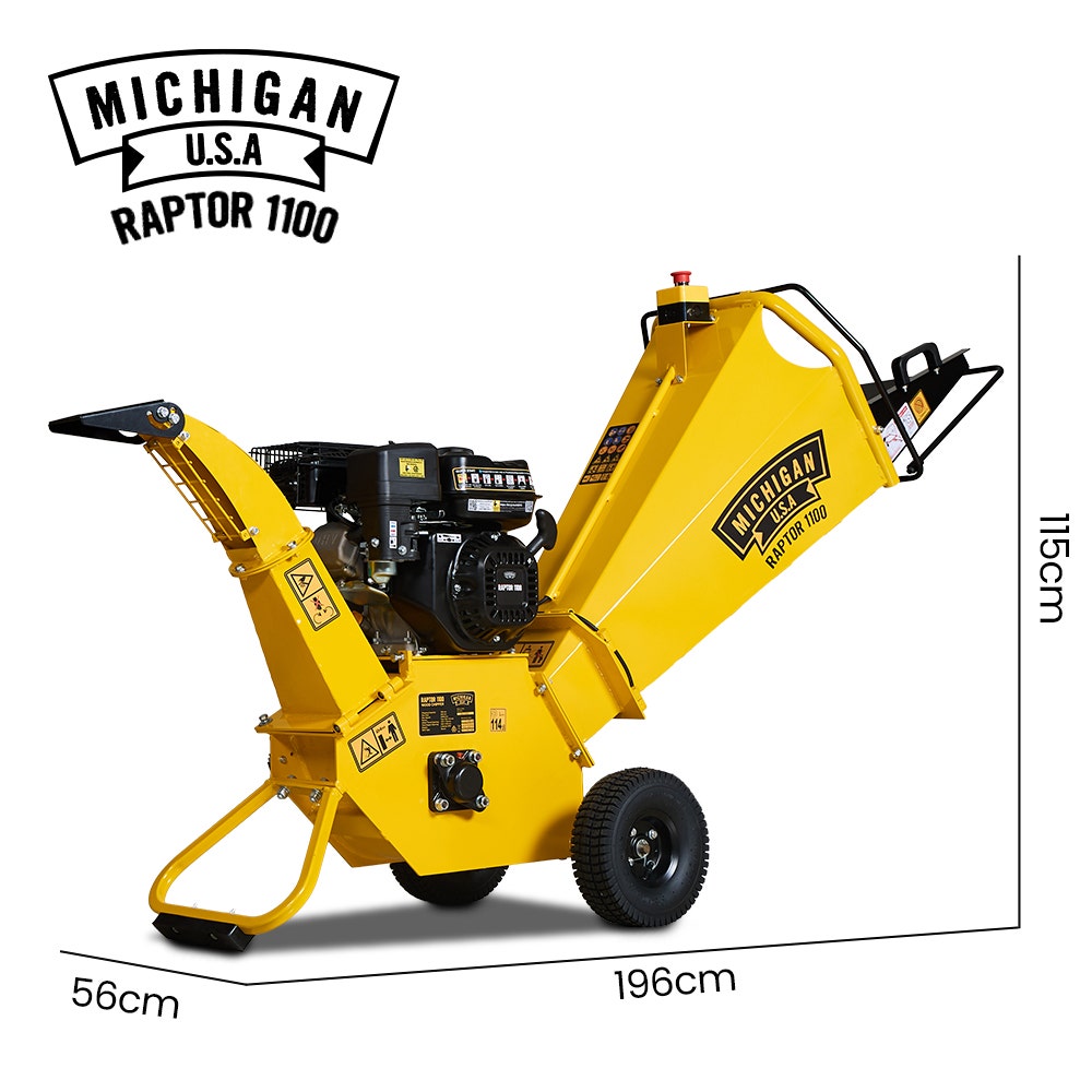 MICHIGAN 7HP 212cc Petrol Wood Chipper, Tree Mulcher - Raptor 1100