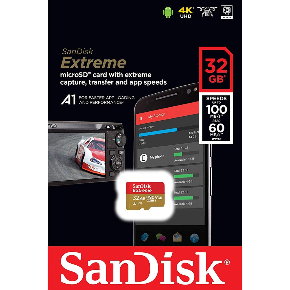SANDISK SDSQXAF-032G-GN6MN 32GB MICRO SDHC EXTREME A1 V30, UHS-I/ U3, 100MB/s ,NO SD ADAPTER