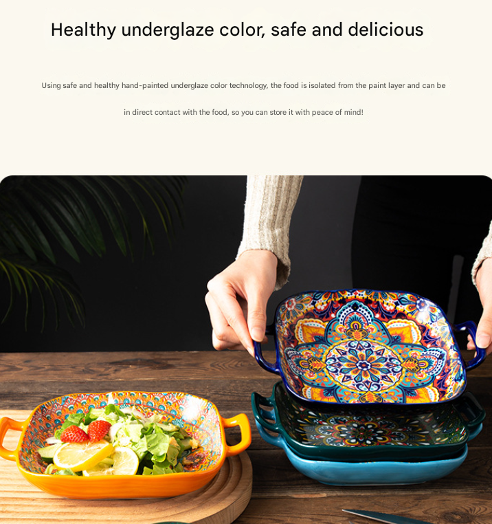 Kalia 9-Inch Bohemian Ceramic Double-Handled Square Plate