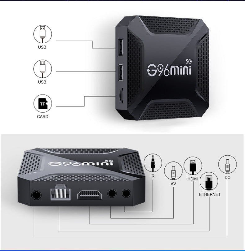 Black G96mini 8K Android TV Box 8G+128G — 5G Dual WiFi Smart Media Player with Voice Remote and HDMI Cable, Australian Plug