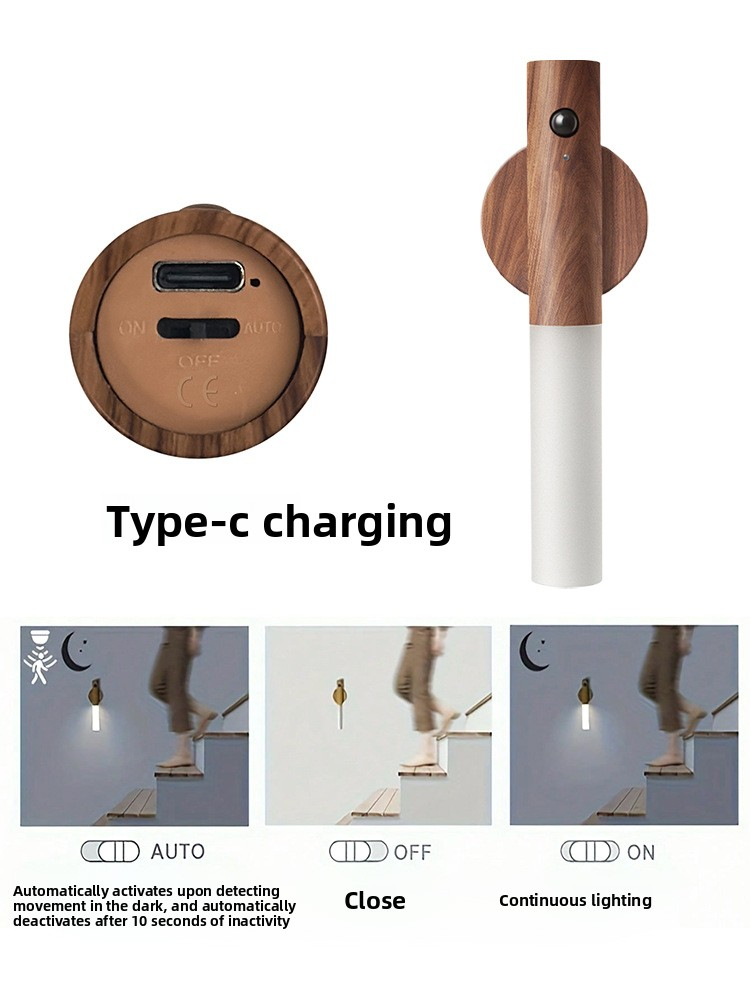 Matte Black Motion Sensor Night Light LED Rechargeable Magnetic Stick Wall Lamp Smart Wireless Batten for Hallway Staircase Modern Style Warm White