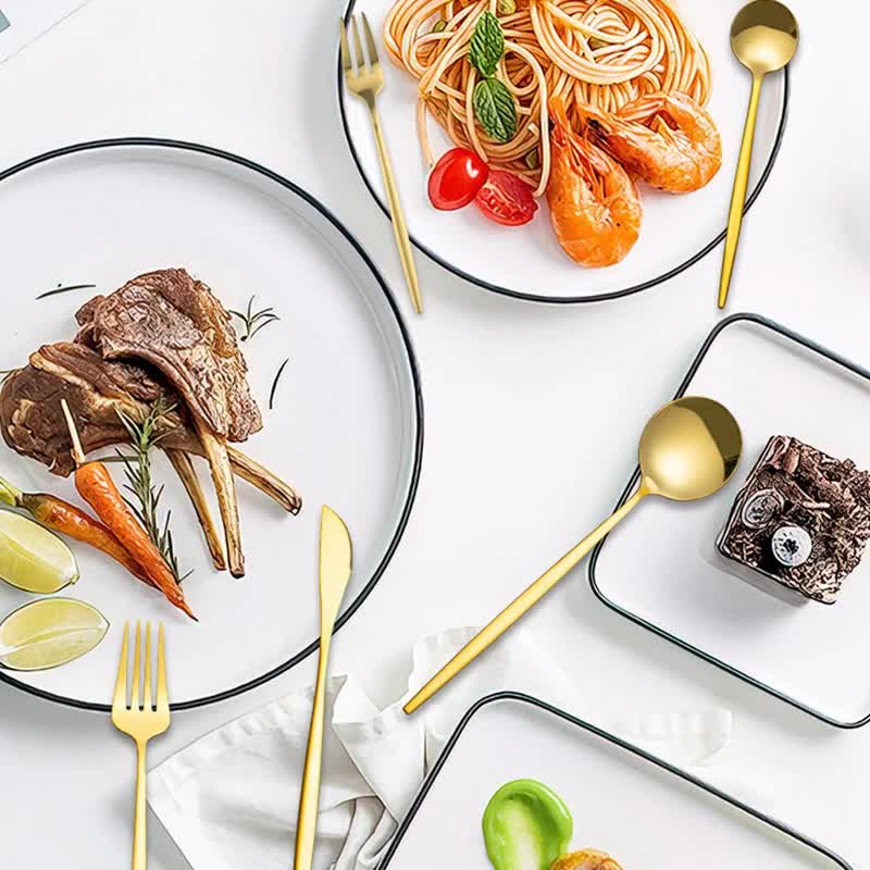 30-Piece Gold Portuguese Style Cutlery Set - Mirror Polished 410 Stainless Steel Dinnerware for 6 (Steak Knives Included)