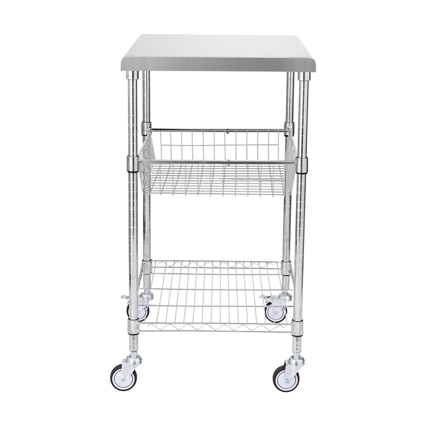 VEVOR Kitchen Utility Cart, 3 Tiers, Wire Rolling Cart with 213kg Capacity, Steel Service Cart on Wheels, Metal Storage Trolley with 76mm Basket Curved Handle PP Liner 6 Hooks, for Indoor and Outdoor