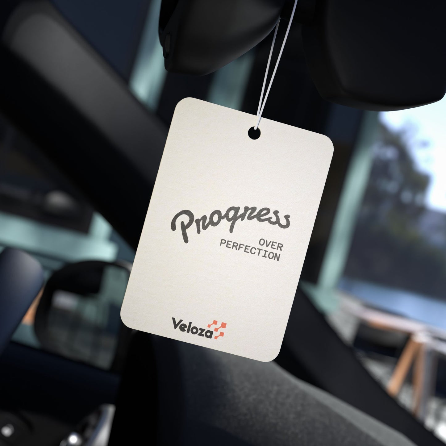 Veloza Branded Car Air Freshener — "Progress Over Perfection" Motivational Scented Tag