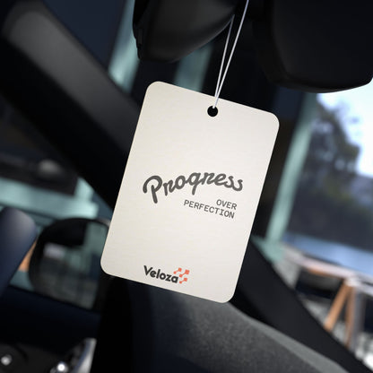 Veloza Branded Car Air Freshener — "Progress Over Perfection" Motivational Scented Tag