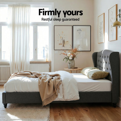 Artiss Double Bed Frame with Wingback Headboard Grey Linen Upholstered Platform Bed Base