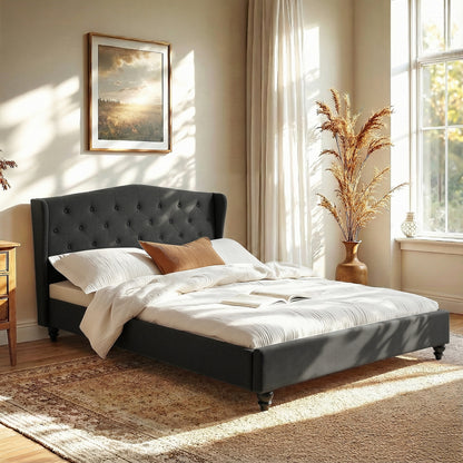 Artiss Queen Bed Frame Wingback Headboard Charcoal Grey Linen Upholstered Platform Bed Base