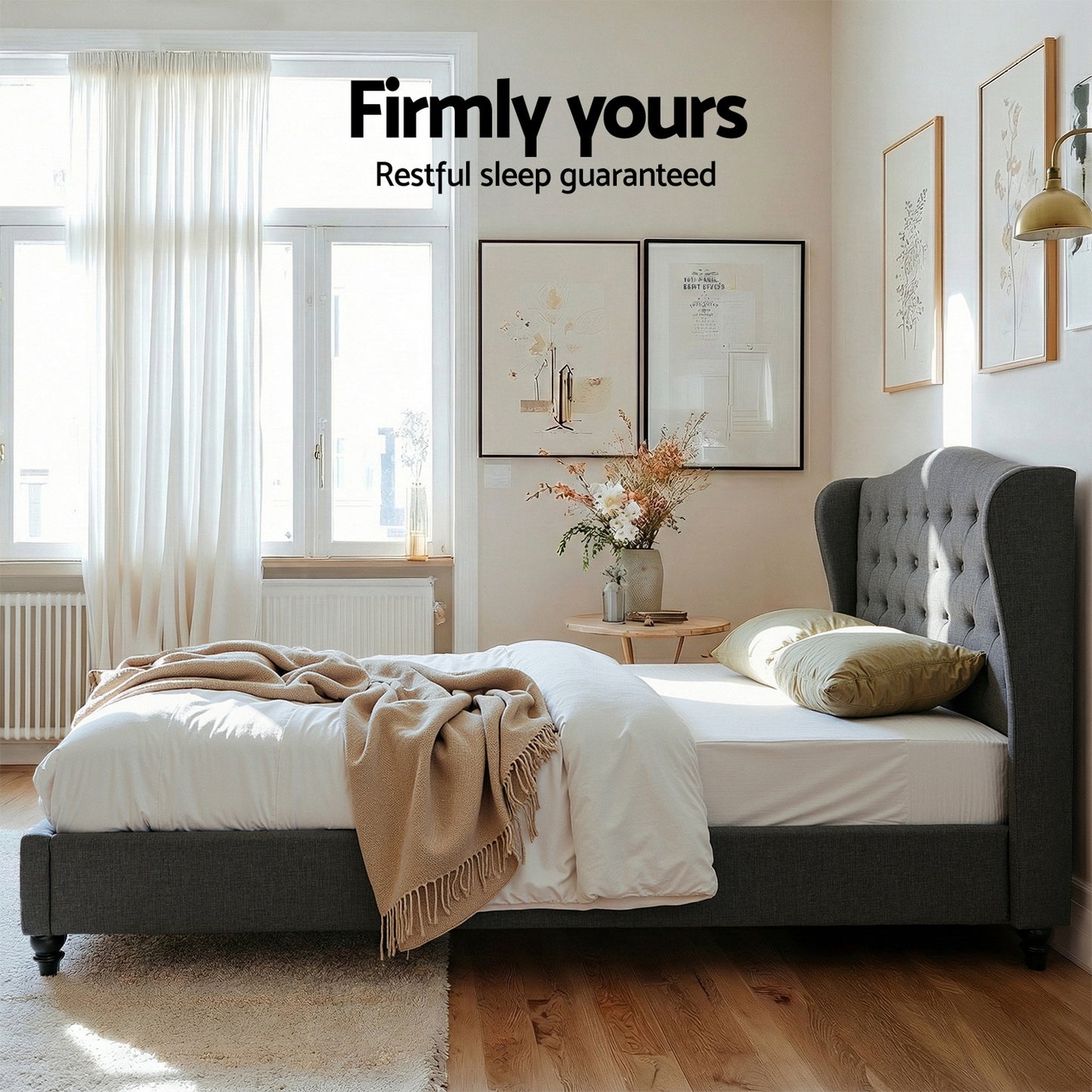 Artiss Queen Bed Frame Wingback Headboard Charcoal Grey Linen Upholstered Platform Bed Base