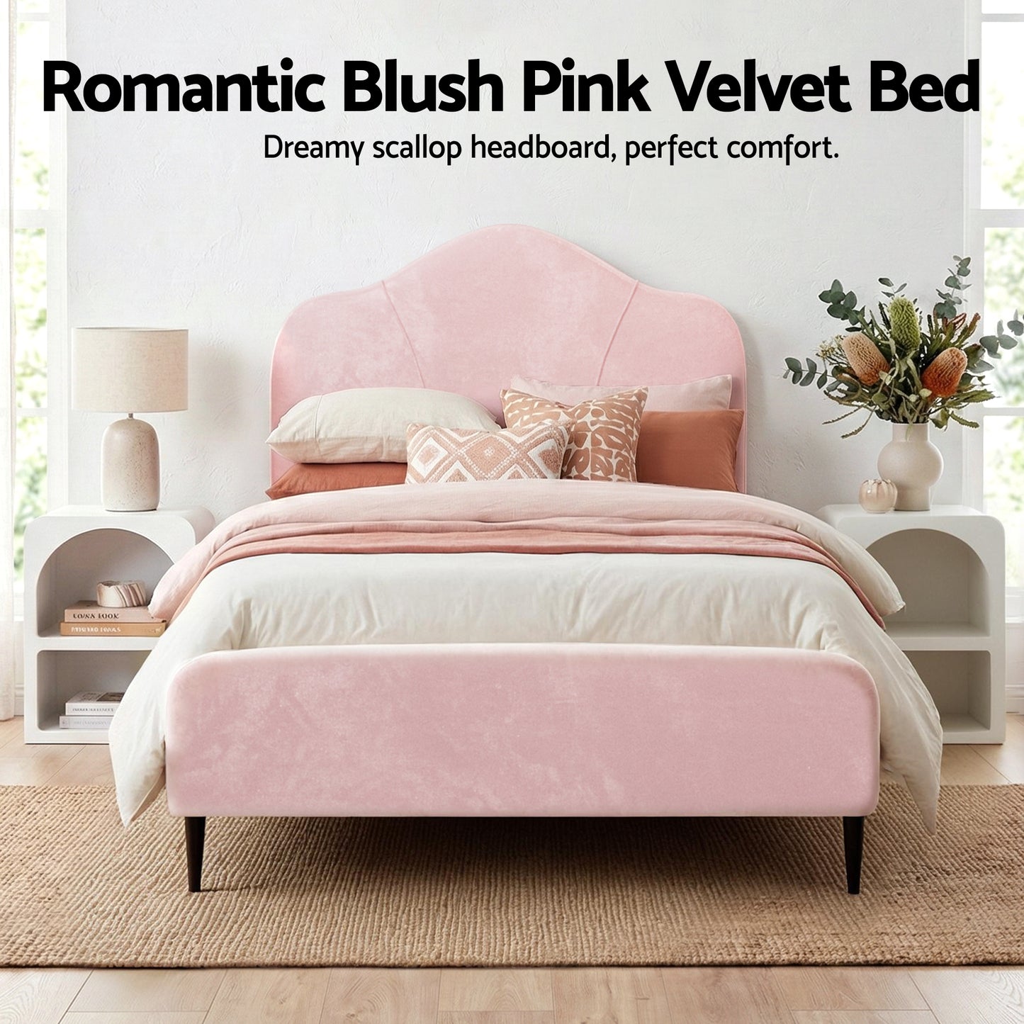 Artiss King Single Storage Bed Frame Velvet with Bedside Table Pink