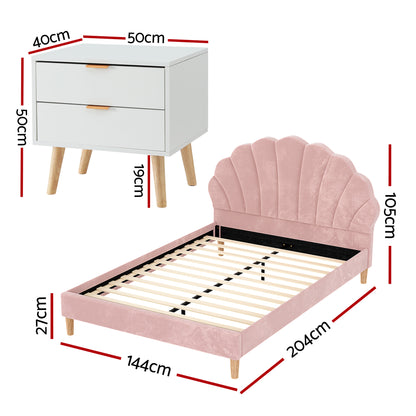 Artiss Double Bed Frame Scallop Headboard Pink Velvet with 2 Drawer Bedside Table