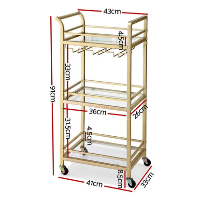 Artiss Kitchen Island Cart Trolley Rolling Serving Storage Wine Glass 43cm Gold