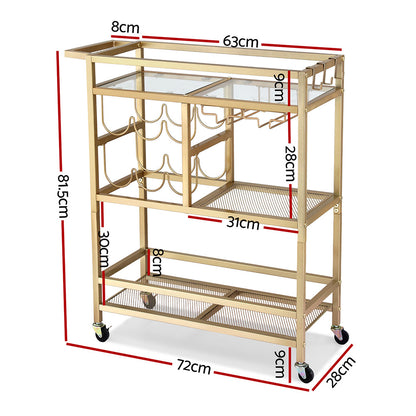 Artiss Bar Cart Drinks Trolley Serving Wine Rack Glass Holder 3 Hooks 72cm Gold