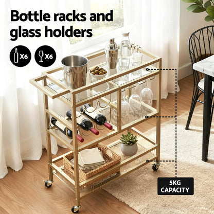 Artiss Bar Cart Drinks Trolley Serving Wine Rack Glass Holder 3 Hooks 72cm Gold