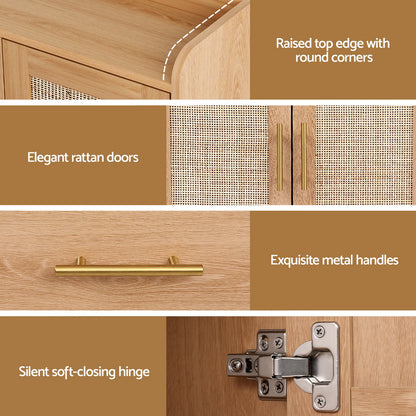 Artiss Buffet Sideboard Hutch Storage Cabinet Kitchen Cupboard Hooks Rattan Pine