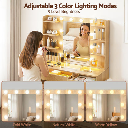 Artiss Dressing Table Vanity Desk Set 10 LED Bulbs RGB Light Wood