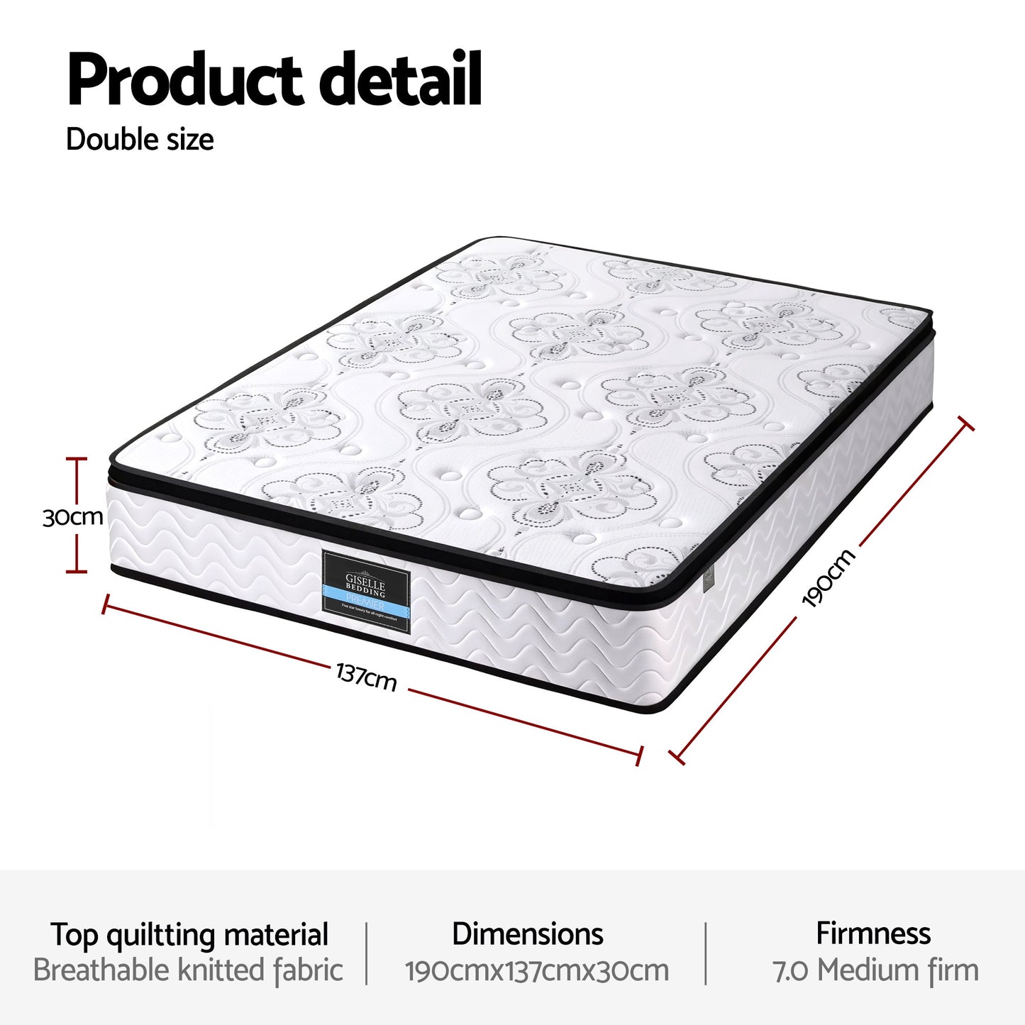 Giselle Bedding 30cm Mattress Pocket Spring Medium Firm Foam Euro Top Double