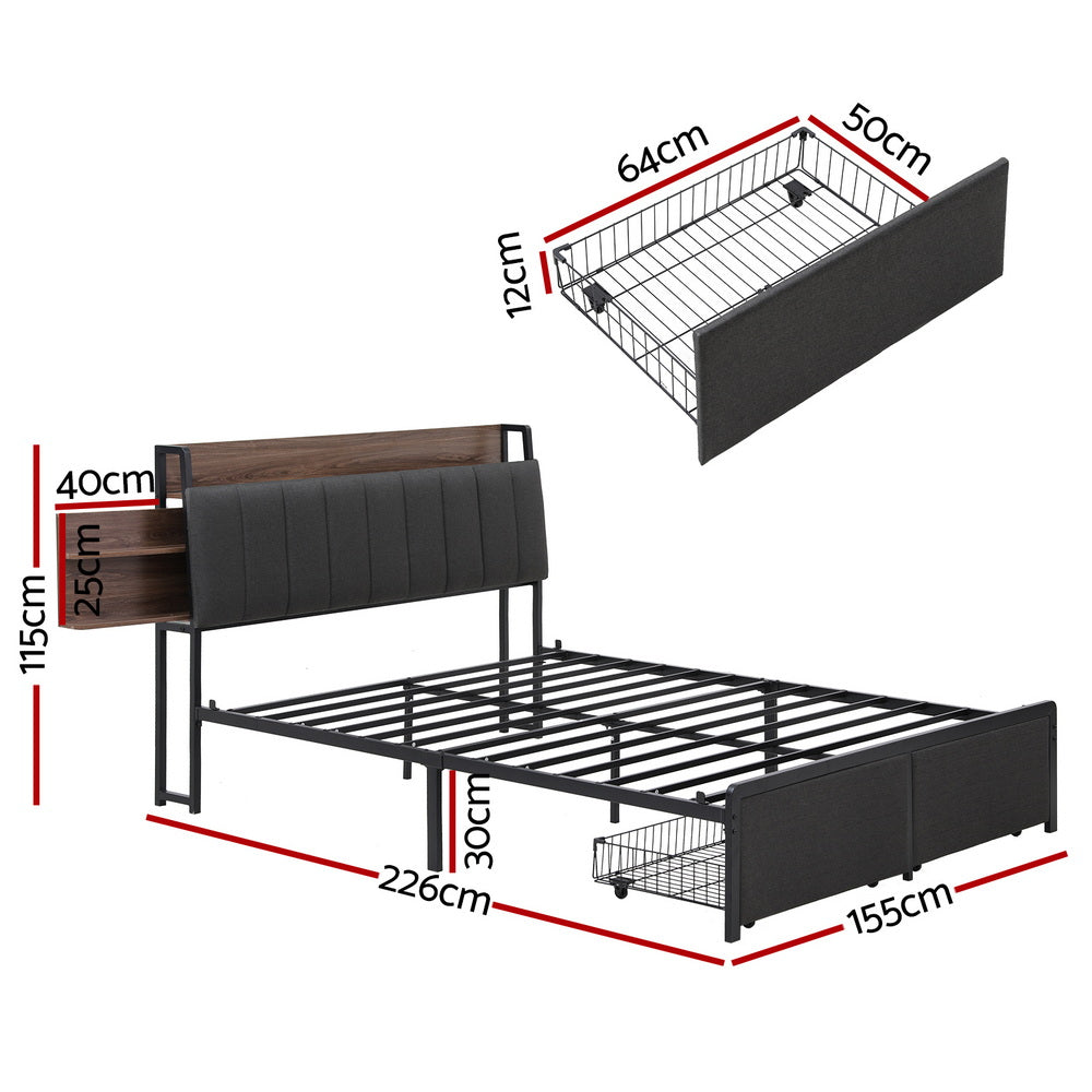 Artiss Metal Bed Frame Queen Size with 2-Tier Hidden Storage with Charging Station