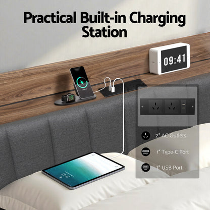 Artiss Metal Bed Frame Queen Size with 2-Tier Hidden Storage with Charging Station
