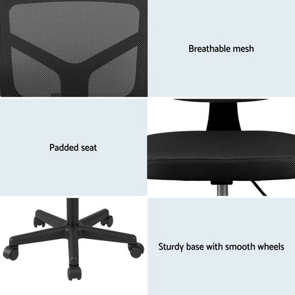 Artiss Armless Office Chair with Wheels, Ergonomic 360° Swivel Home Office Desk Chair, Height Adjustable Computer Task Chair with Fabric Back and Seat for Small Space, Black