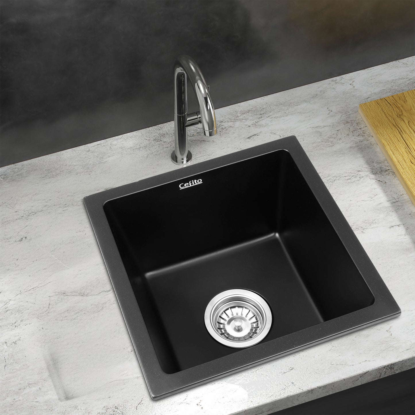 Cefito Kitchen Sink 38x38cm Granite Stone Sink Single Bowl Black
