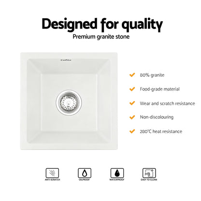 Cefito Kitchen Sink 38x38cm Granite Stone Sink Single Bowl White