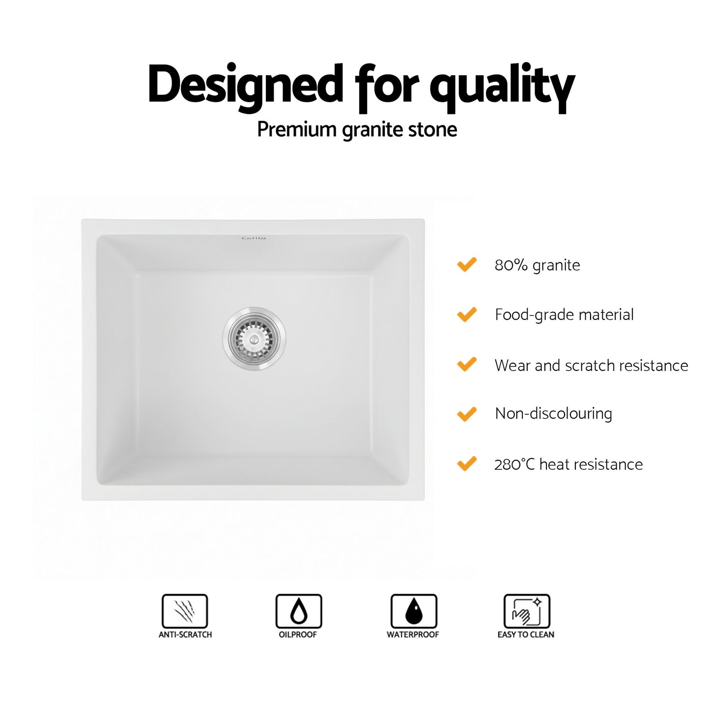 Cefito Kitchen Sink 55x45cm Granite Stone Sink Single Bowl White