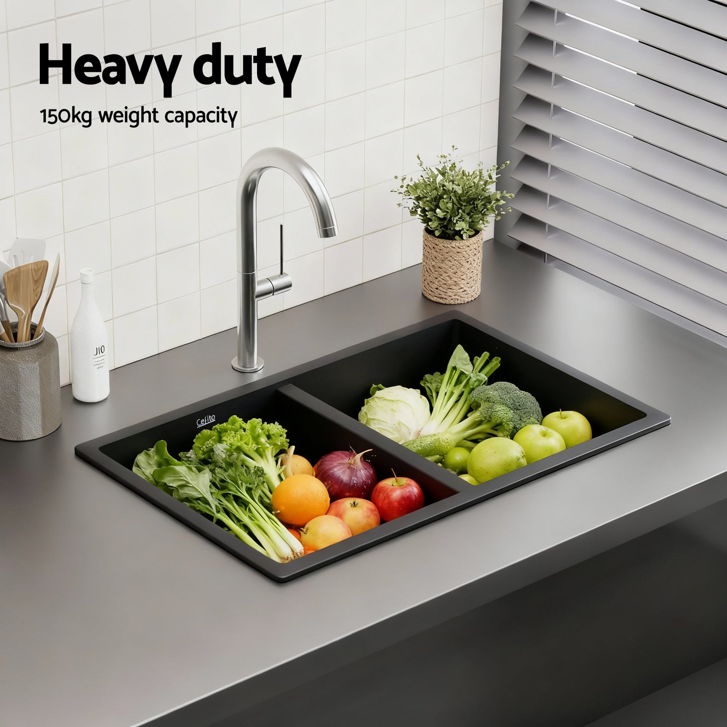 Cefito Kitchen Sink 77x45cm Granite Stone Sink Double Bowl Black