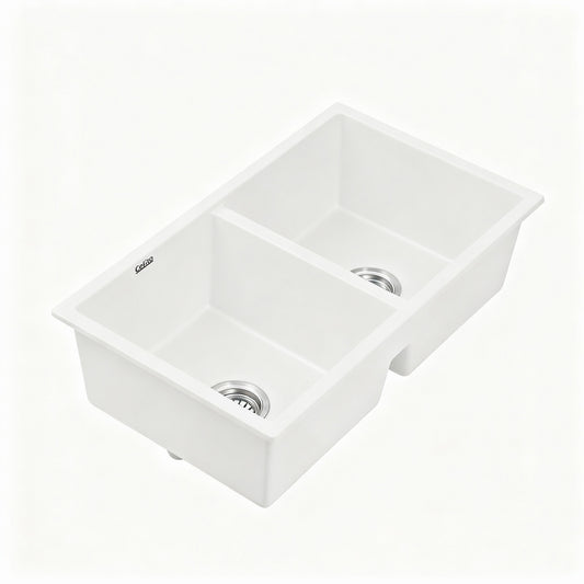 Cefito Kitchen Sink 77x45cm Granite Stone Sink Double Bowl White