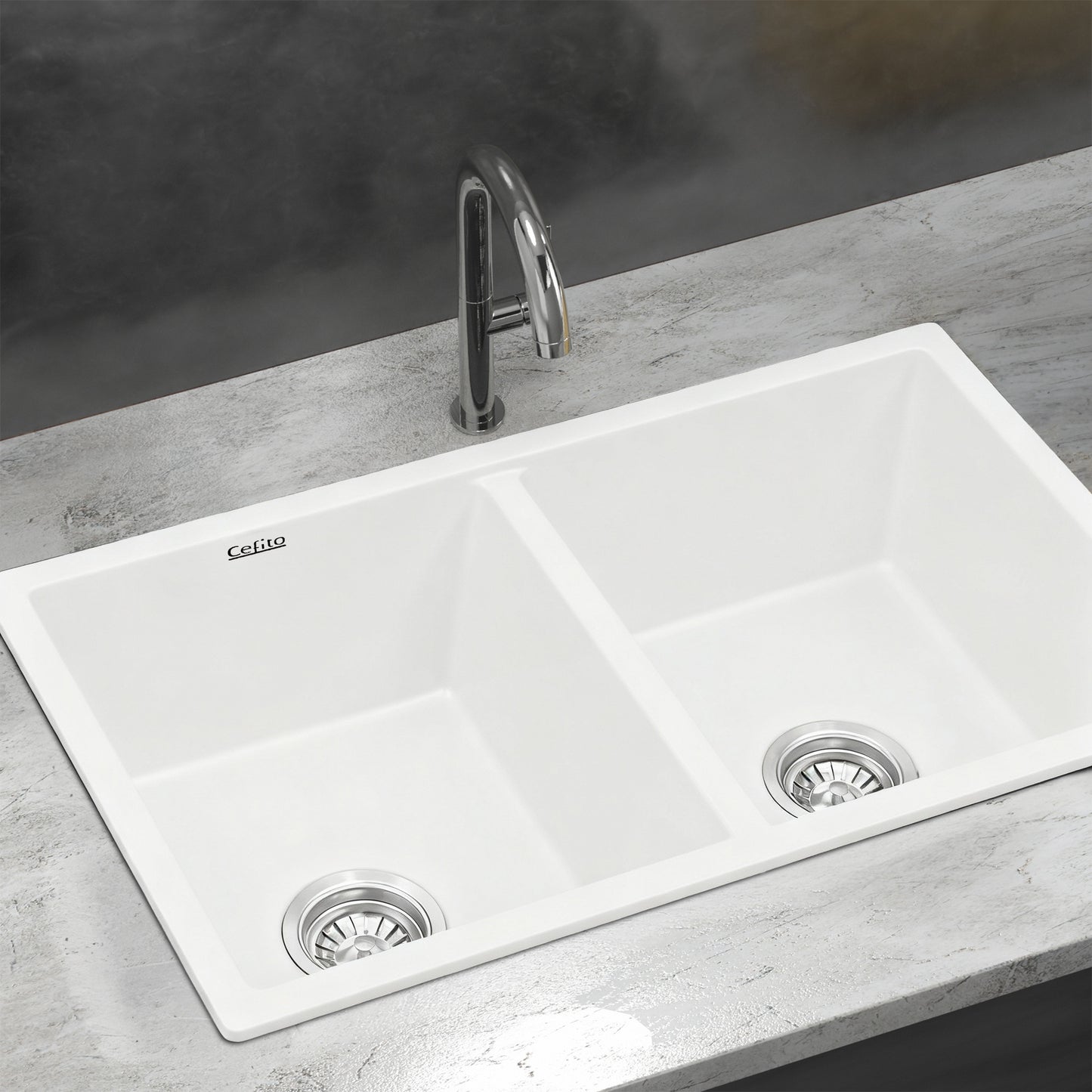 Cefito Kitchen Sink 77x45cm Granite Stone Sink Double Bowl White
