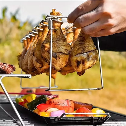 Stainless steel chicken leg and wing rack three-piece set: Foldable standing grill + baking tray + cleaning brush. Suitable for barbecues, smoking, and ovens. Ideal choice for picnics and camping
