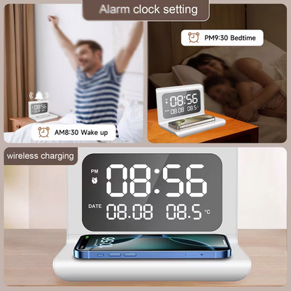 3-in-1 wireless charger, time and temperature display, bedroom desk alarm clock, iPhone 16 15 14 13 12 11 Pro Max/Mini/Plus/XR/X/8 AirPods 2/3/4/Pro/Pro 2 charging dock AirPods 4/3 /Pro/2, compatible with Samsung S25/S23/S22/S21/S20/ Galaxy Buds