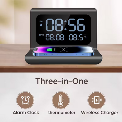 3-in-1 wireless charger, time and temperature display, bedroom desk alarm clock, iPhone 16 15 14 13 12 11 Pro Max/Mini/Plus/XR/X/8 AirPods 2/3/4/Pro/Pro 2 charging dock AirPods 4/3 /Pro/2, compatible with Samsung S25/S23/S22/S21/S20/ Galaxy Buds