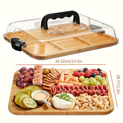 1pc Cheese Tray with Transparent Acrylic Lid - Portable Deli Platter for Camping, Parties, Restaurants | Holiday Appetizer, Deli and Snack Serving Tray, Back Can Be Used for Cutting Board, Party Snack Organizer, Safe Snapon Lid