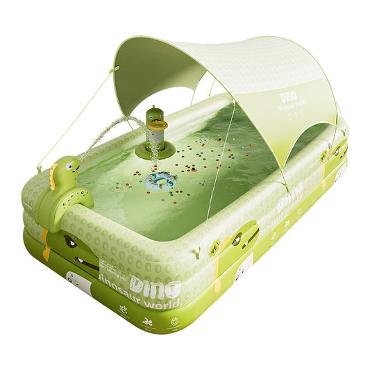 Inflatable Swimming Pool 300×175×56cm with Canopy & Dinosaur Spray – Kids Outdoor Water Play Set for Backyard, Garden, Summer Fun (Green)