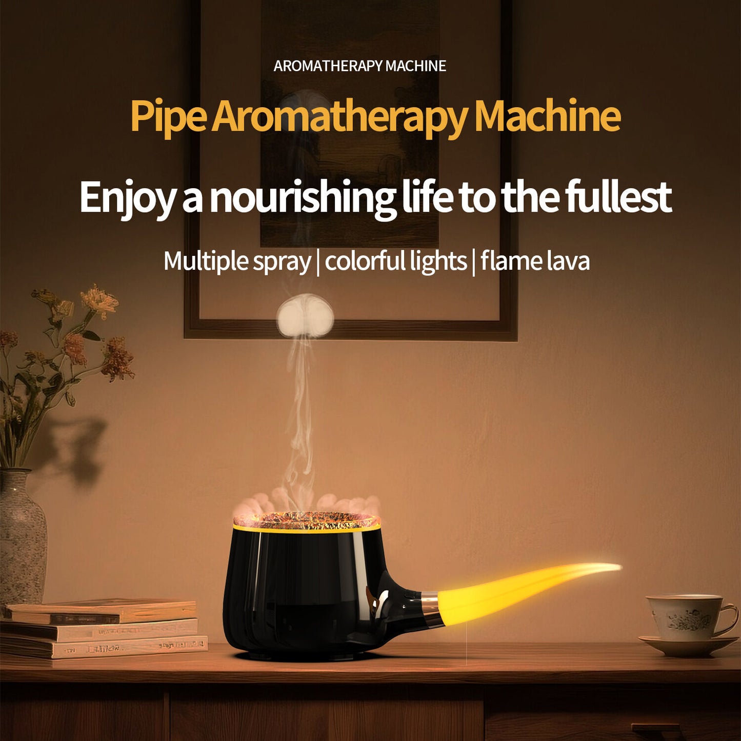 Pipe-Shaped Aromatherapy Humidifier with LED Flame & Mist – USB Desk Diffuser for Home, Office, Bedside (White) | Other Colors Available in Store