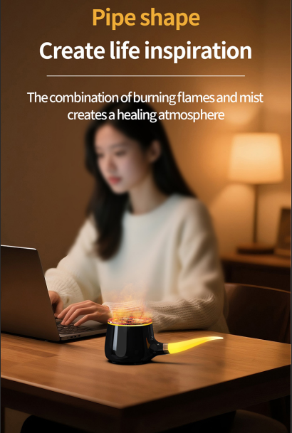Pipe-Shaped Aromatherapy Humidifier with LED Flame & Mist – USB Desk Diffuser for Home, Office, Bedside (White) | Other Colors Available in Store