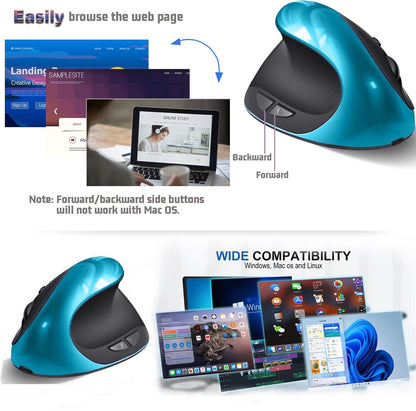 Blue Ergonomic Wireless Vertical Mouse (Small Hand-Friendly): USB-C Rechargeable, 2.4G 3-DPI, Reduce Wrist Strain (Right-Handed)