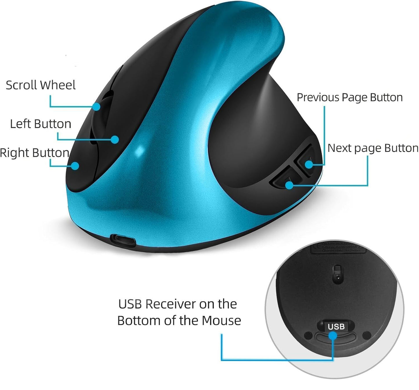 Blue Ergonomic Wireless Vertical Mouse (Small Hand-Friendly): USB-C Rechargeable, 2.4G 3-DPI, Reduce Wrist Strain (Right-Handed)