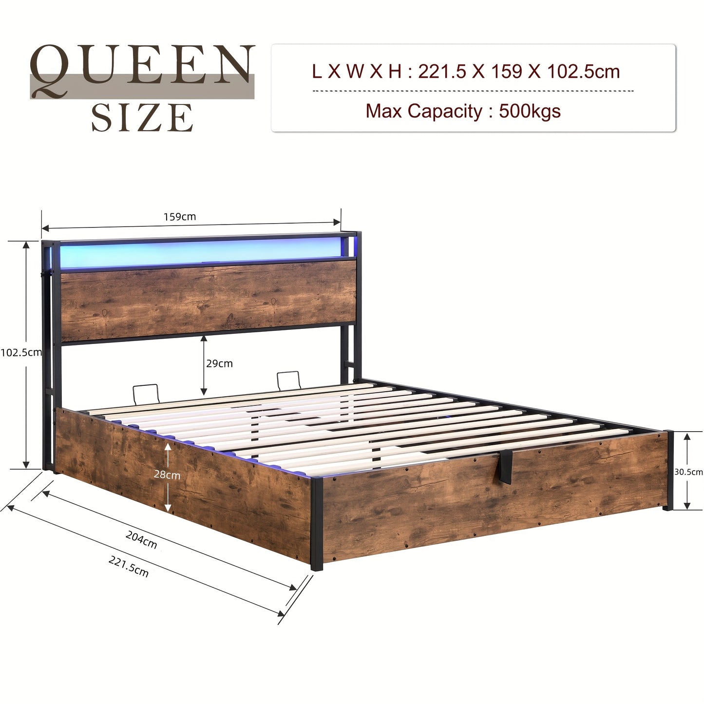 Gas Lift Bed Frame with Storage, Queen Size Wooden Slats Platform Bed Frame with LED Lights and Charging Station, No Box Spring Needed, Noise Free, Rustic Brown