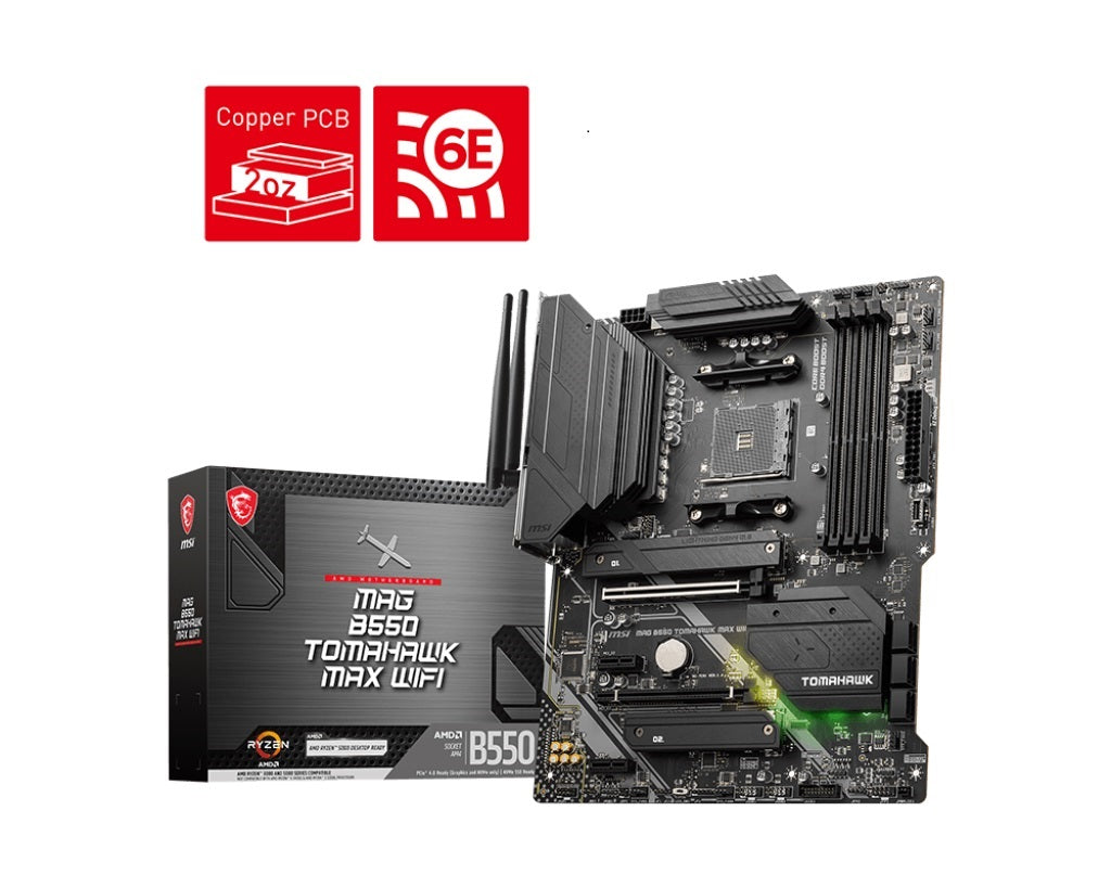 MSI MAG B550 TOMAHAWK MAX WIFI Motherboard, AMD Ryzen AM4, 4xDDR4-128GB, 1xPCIe4.0 x16slots, 2xPCIe3.0 x16slots, 6xSATA 6Gb, 2.5G LANPort, HDMI 2.1