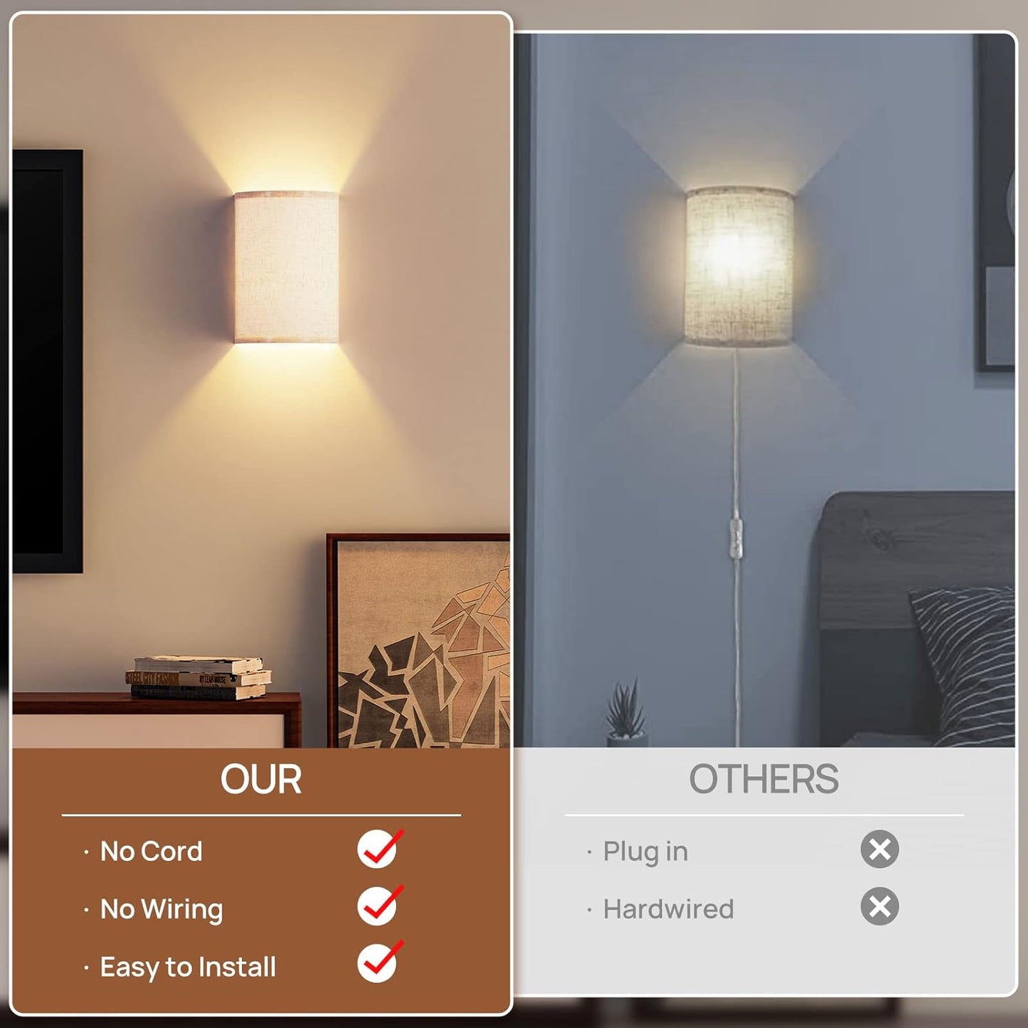 Battery Operated Wall Lights, 2 Pack Boho Decor with Remote Control, RGB Color Rustic Wall Sconces, Fabric Linen Shade Lighting