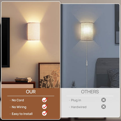 Battery Operated Wall Lights, 2 Pack Boho Decor with Remote Control, RGB Color Rustic Wall Sconces, Fabric Linen Shade Lighting