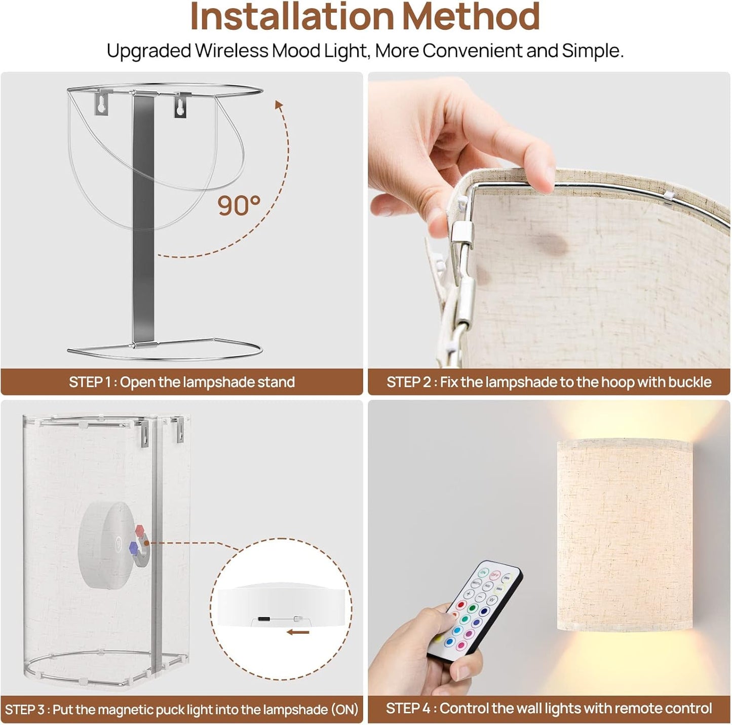 Battery Operated Wall Lights, 2 Pack Boho Decor with Remote Control, RGB Color Rustic Wall Sconces, Fabric Linen Shade Lighting