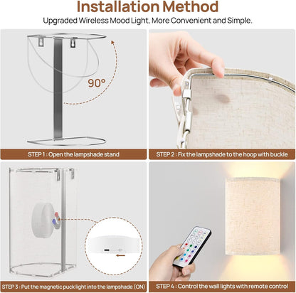 Battery Operated Wall Lights, 2 Pack Boho Decor with Remote Control, RGB Color Rustic Wall Sconces, Fabric Linen Shade Lighting