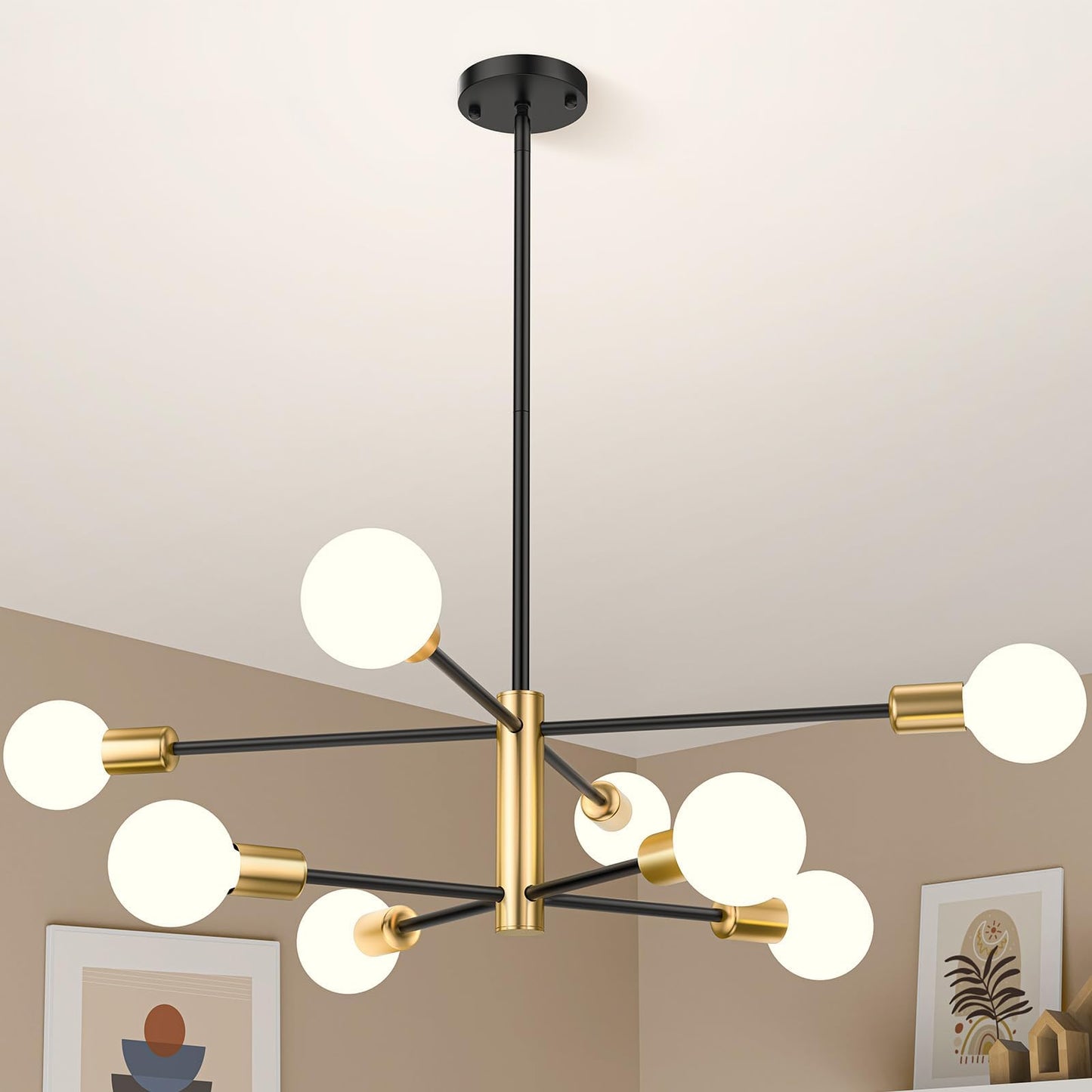 Modern Sputnik Chandelier 8 Lights Height Adjustable Ceiling Light Fixture Mid-Century Modern Gold Chandelier for Dining Room Bedroom Kitchen Living Room with Sloped Ceiling Adapter