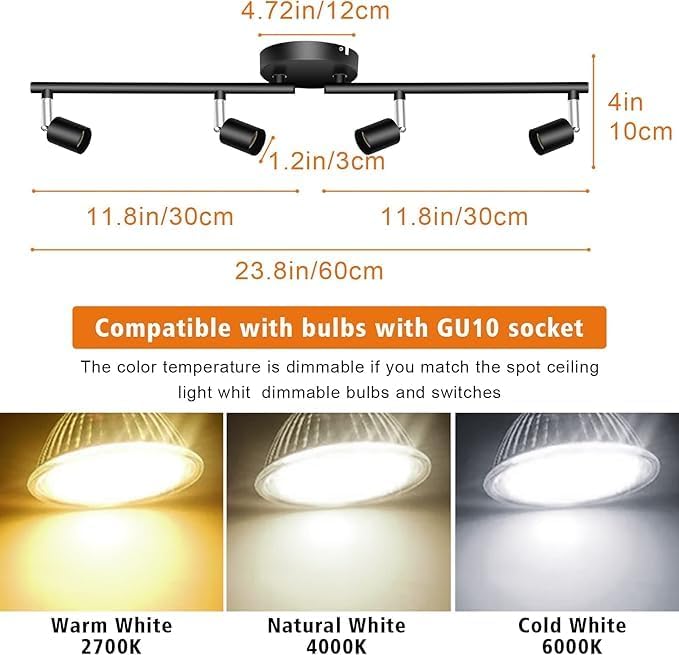 Kitchen Lights,Ceiling Lighting Kits, Swivelling Ceiling Spotlight for Bedroom, Kitchen and Living Room(GU10 LED Bulbs not Included) (4 Way Black)